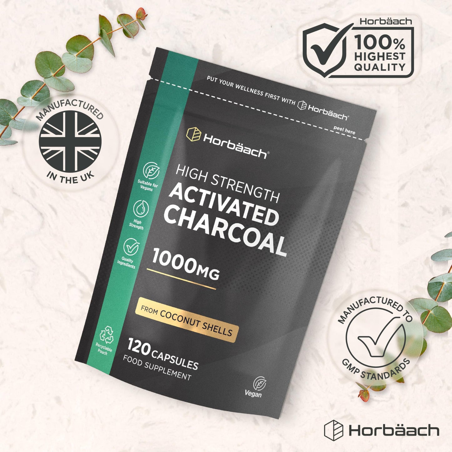 Horbäach Activated Charcoal Capsules | High Strength 1000mg | Supplement from Natural Coconut | 120 Vegan Tablets | by Horbaach
