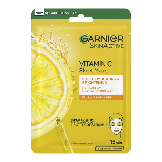 Garnier SkinActive Moisture Bomb Vitamin C Sheet Mask, Hydrating & Brightening Face Mask, Enriched With Vitamin Cg & Hyaluronic Acid Serum, Vegan Tissue