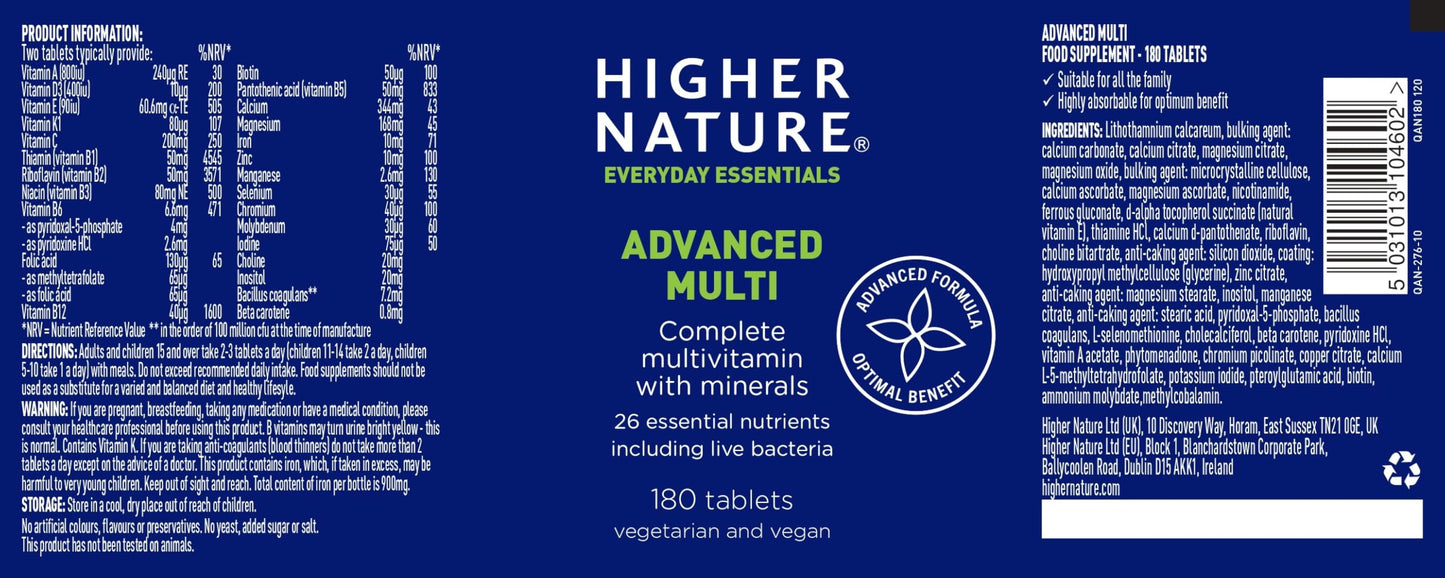 HIGHER NATURE Higher Nature - Advanced Multi - Multi Vitamins Supplements - 26 Essential Vitamins, Minerals & Live Bacteria - 180 Tablets