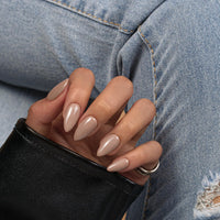 KQueenest Brown Press on Nails Almond Medium Length, Almond False Nails with Glue, Glossy Solid Nude Brown Fake Nails Press ons Stiletto, Reusable Soft Gel Stick on Nail for Women, 24 Pcs