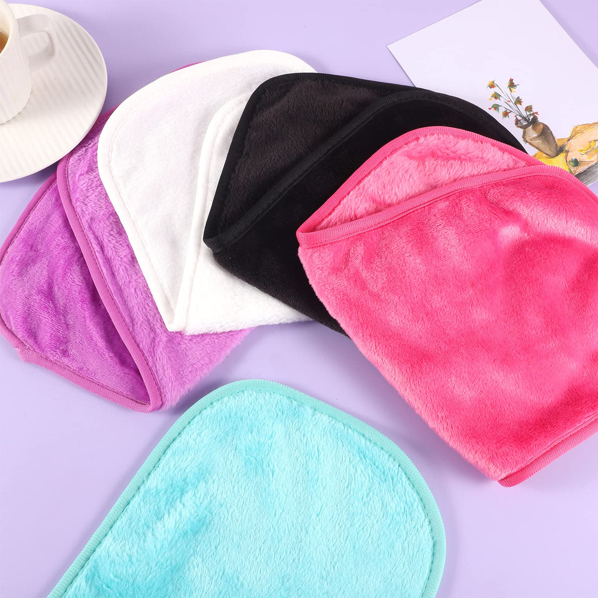 Lanjue 5 Pack Make Up Remover Cloth, 15.75 * 7.87in Flannel Face Cloth Face Wipes for Sensitive Skin Make Up Removing (Black+Violet+Cherry Red+Green+White)