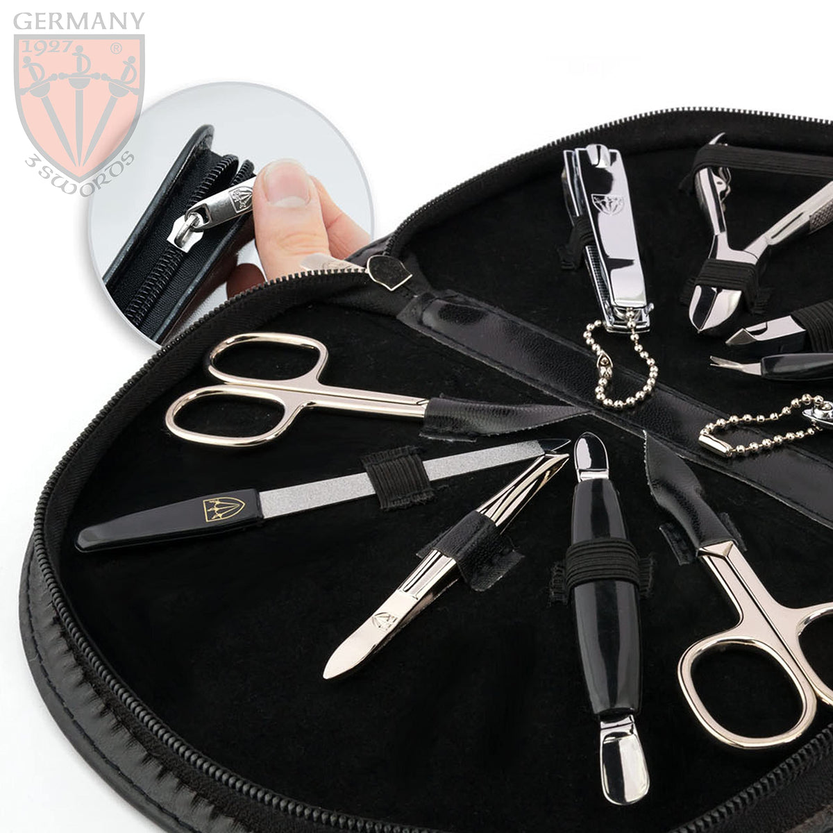 3 Swords Germany - brand quality 10 piece manicure pedicure grooming kit set for professional finger & toe nail care scissors clipper fashion leather case in gift box, Made by 3 Swords (6554)