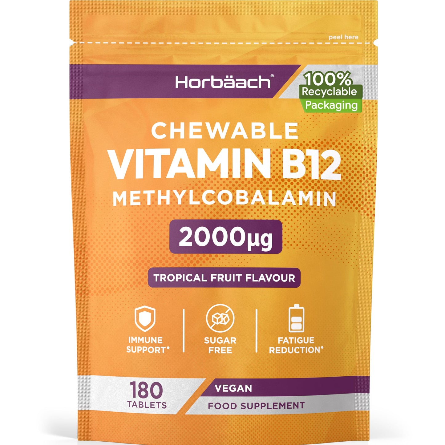 Horbäach Vitamin B12 Tablets High Strength 2000ug | 180 Chewable Tablets | Tropical Fruit Flavour | Sugar Free Vegan Methylcobalamin Supplement | by Horbaach