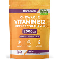 Horbäach Vitamin B12 Tablets High Strength 2000ug | 180 Chewable Tablets | Tropical Fruit Flavour | Sugar Free Vegan Methylcobalamin Supplement | by Horbaach