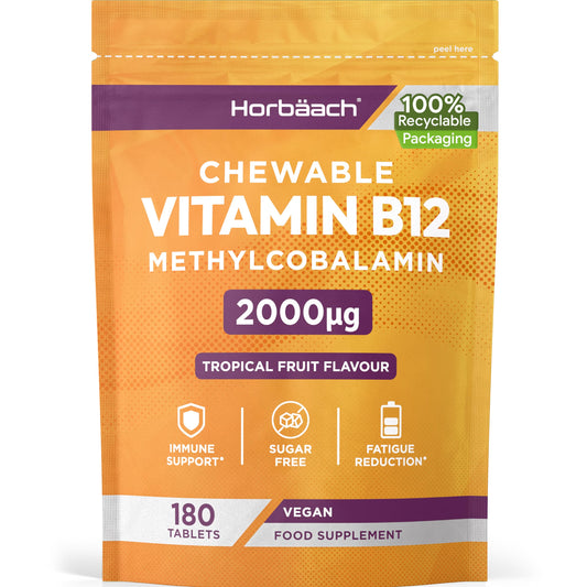 Horbäach Vitamin B12 Tablets High Strength 2000ug | 180 Chewable Tablets | Tropical Fruit Flavour | Sugar Free Vegan Methylcobalamin Supplement | by Horbaach