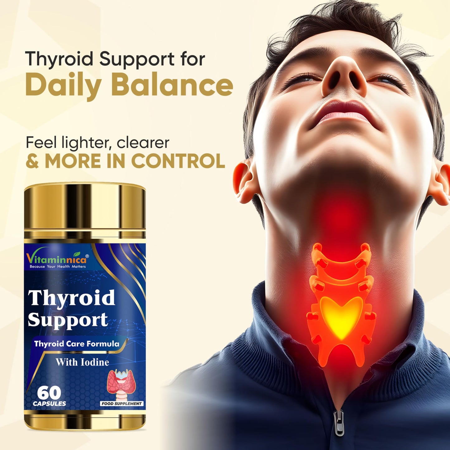 Vitaminnica Because your Health Matters Vitaminnica Thyroid Support- Advanced Formula for Thyroid Health - Energy & Focus Formula with Iodine, Vitamin D3 Complex, Zinc, Selenium, Ashwagandha, Copper | Vegan | 60 Capsules