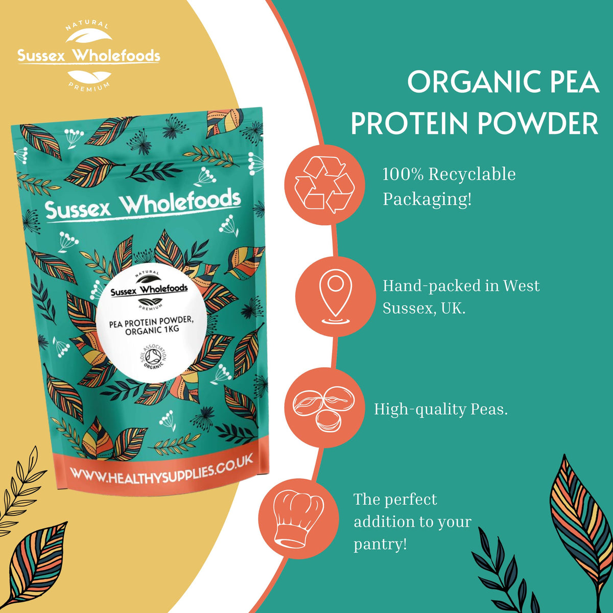 Sussex Wholefoods Organic Pea Protein Powder 500g - Plant-Based, High Protein & Ideal for Shakes & Baking