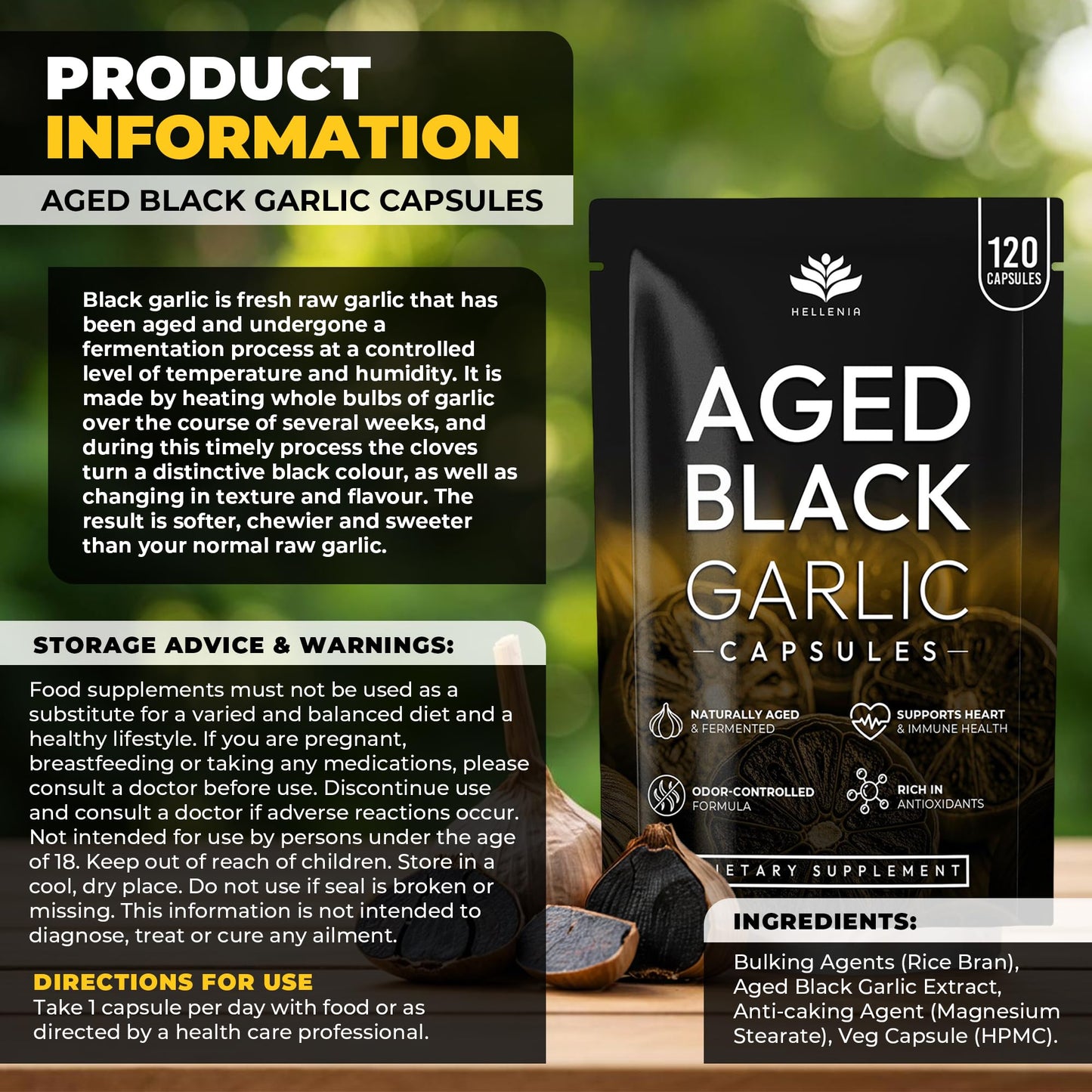 Aged Black Garlic 12,000mg - 120 Capsules | Black Garlic Bulb Extract 100:1 | Aged for Over 6 Months | Antioxidant and Cholesterol Support | Gluten Free - Made in the UK by Hellenia