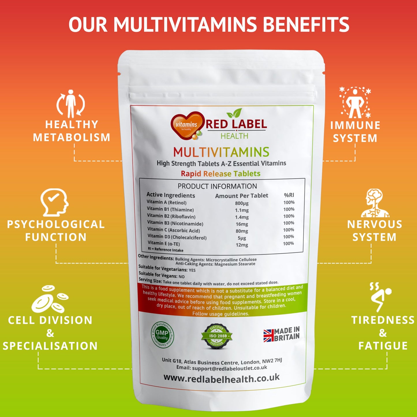 Multivitamin A-Z Essential Vitamins High Strength 360 Tablets - Suitable for Vegetarians & Vegan - Easy-to-Swallow for Men & Women - 1 Year Supply - Made in The UK by Red Label Health