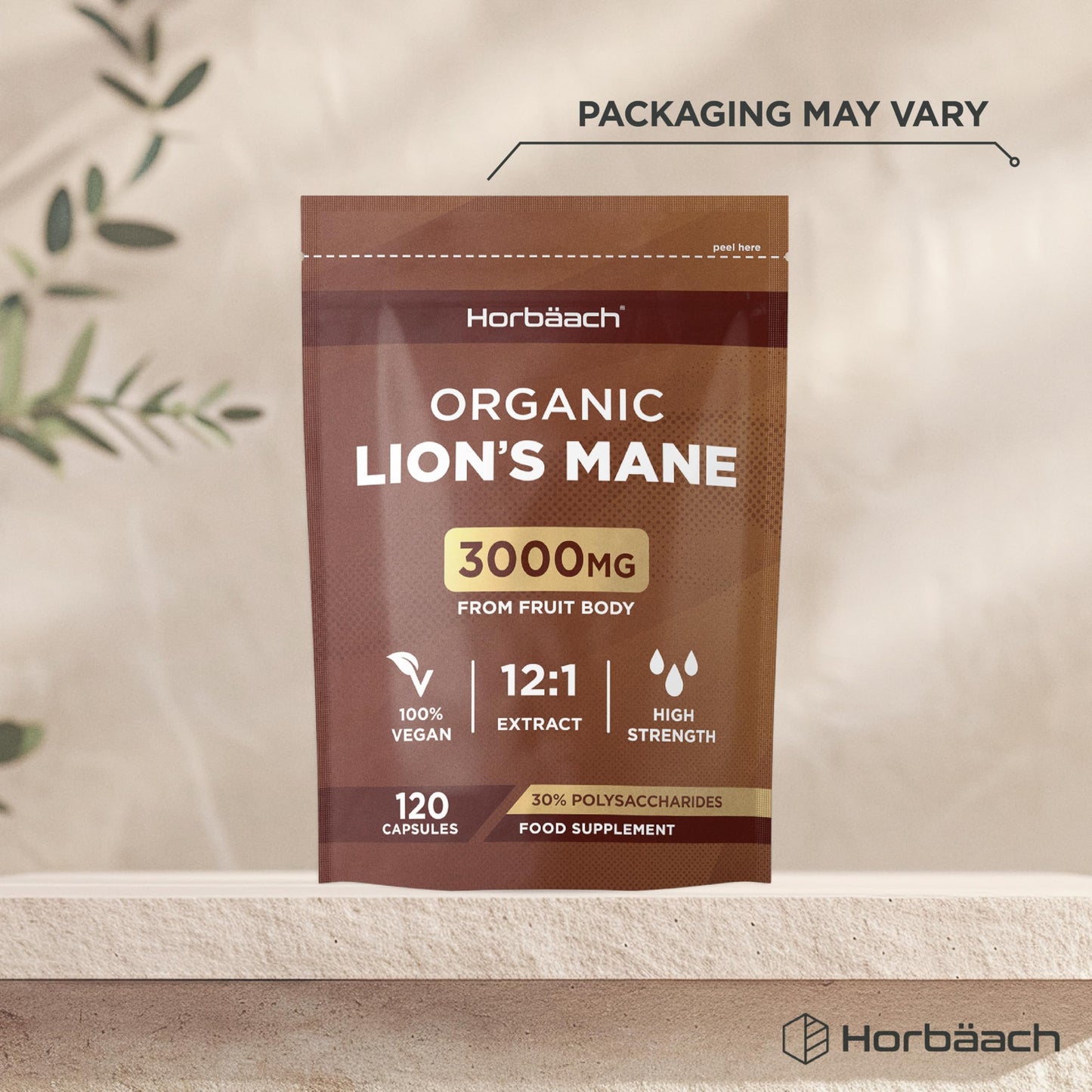 Horbäach Organic Lions Mane Supplement 3000mg | High Strength | Certified Organic by The Soil Association | Mushroom Fruiting Bodies Extract | 120 Vegan Capsules | by Horbaach