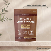 Horbäach Organic Lions Mane Supplement 3000mg | High Strength | Certified Organic by The Soil Association | Mushroom Fruiting Bodies Extract | 120 Vegan Capsules | by Horbaach