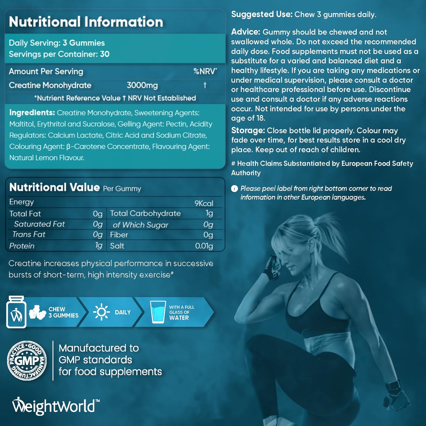 WeightWorld Creatine Gummies 3000mg for Men & Women - 90 Chewable Creatine Monohydrate Gummies (1 Month Supply) - Natural Lemon Flavoured Creatine - Pre Workout Gym Supplement (Not Creatine Monohydrate Tablets)