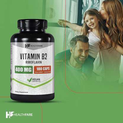 Vitamin B2 400mg | 180 Capsules | Riboflavin | Gluten Free | Made in The USA