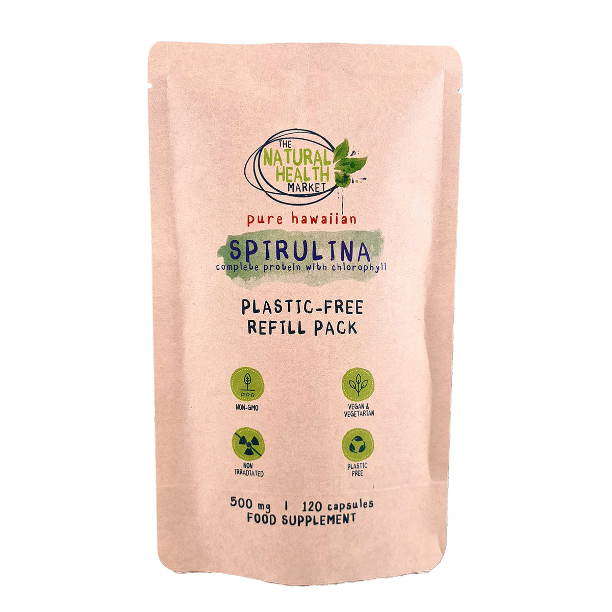 Hawaiian Spirulina Capsules 500mg by The Natural Health Market - 100% Pure - No Additives - Plastic Free Packaging - Made in England - Vegan-Friendly Supplement (120 Capsule - Pouch)