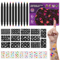 EBANKU 10PCS Temporary Tattoo Pens, Body Tattoo Markers for Skin Dual Tip Tattoo Pen for Thick and Thin Lines With 14 Tattoo Stencils and 10 Dinosaur Stickers for Kids