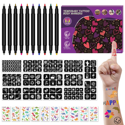 EBANKU 10PCS Temporary Tattoo Pens, Body Tattoo Markers for Skin Dual Tip Tattoo Pen for Thick and Thin Lines With 14 Tattoo Stencils and 10 Dinosaur Stickers for Kids