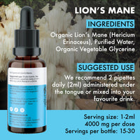 Love Mushrooms - Organic Lions Mane Supplement - 4000mg per 1 ml - Liquid Drops for Focus and Memory Support - Vegan and Made in The UK - Mushroom Drops with Sweet Taste - 30ml