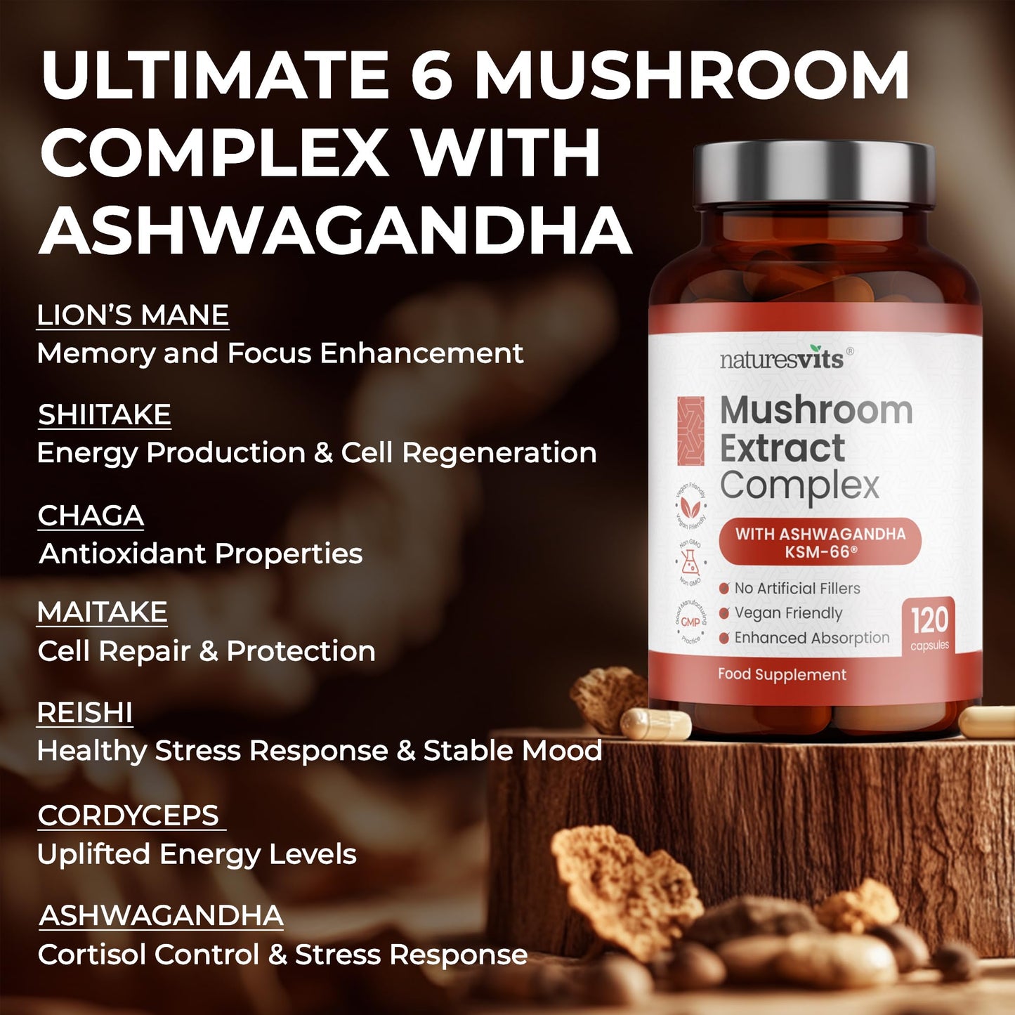 NaturesVits 6 Mushroom Supplement with Ashwagandha, 120 Capsules - Lions Mane, Cordyceps, Shiitake, Reishi, Chaga and Maitake - Complex Mood, Focus and Brain Support Herbal Nootropic - 40% Polysaccharides