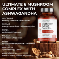 NaturesVits 6 Mushroom Supplement with Ashwagandha, 120 Capsules - Lions Mane, Cordyceps, Shiitake, Reishi, Chaga and Maitake - Complex Mood, Focus and Brain Support Herbal Nootropic - 40% Polysaccharides