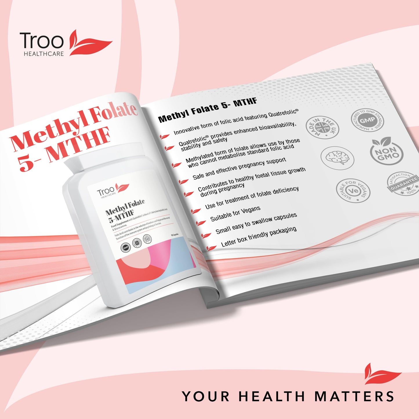 Troo Health Care Folic Acid 600µg 90 Capsules as Quatrefolic Methyl Folate 5-MTHF Supplement - 6S-5-Methyltetrahydrofolate - Superior Bioavailable Activated Folic Acid Supplement - UK Manufactured
