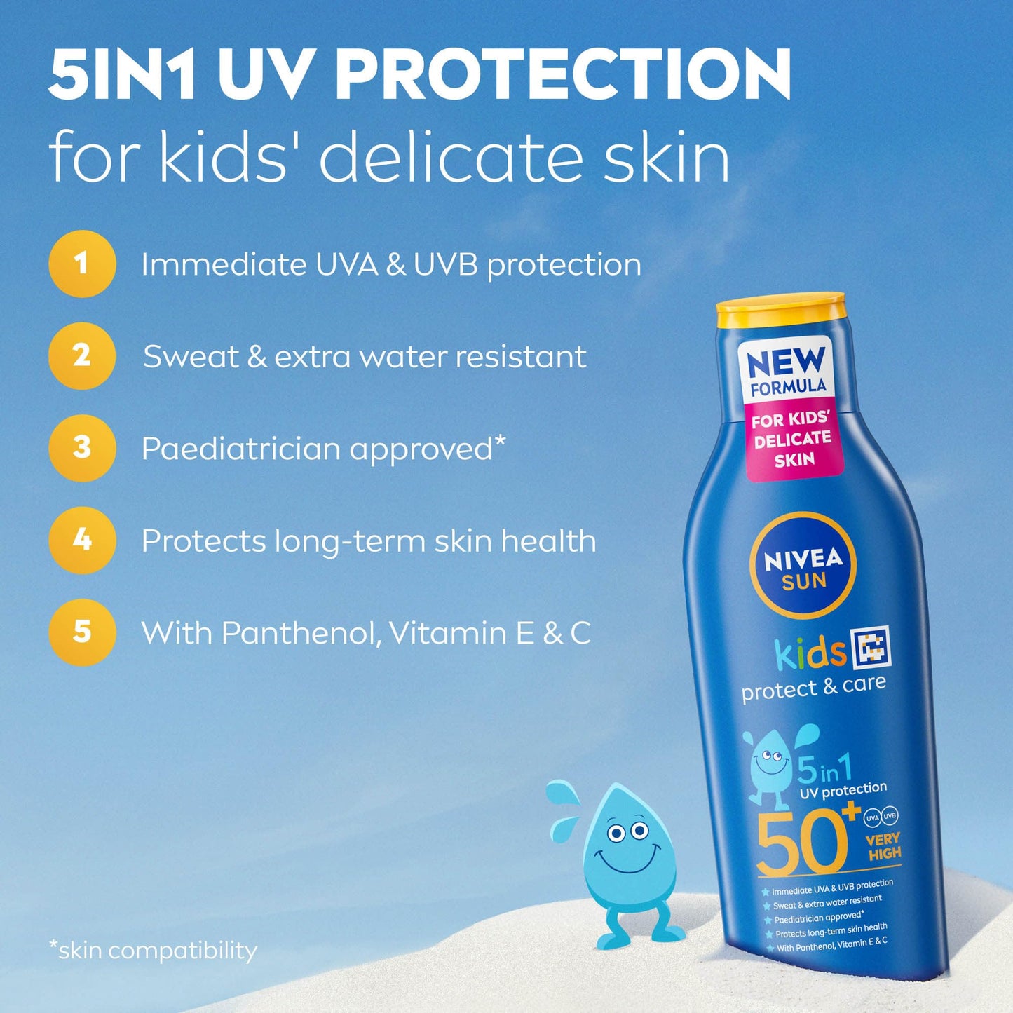 Beiersdorf NIVEA SUN Kids Protect & Care SPF 50+ Lotion (200ml), Moisturising Sun Cream Protects Delicate Skin Against Sunburn and Long-Term UV Damage, Fast-Absorbing No White Cast Sun Lotion