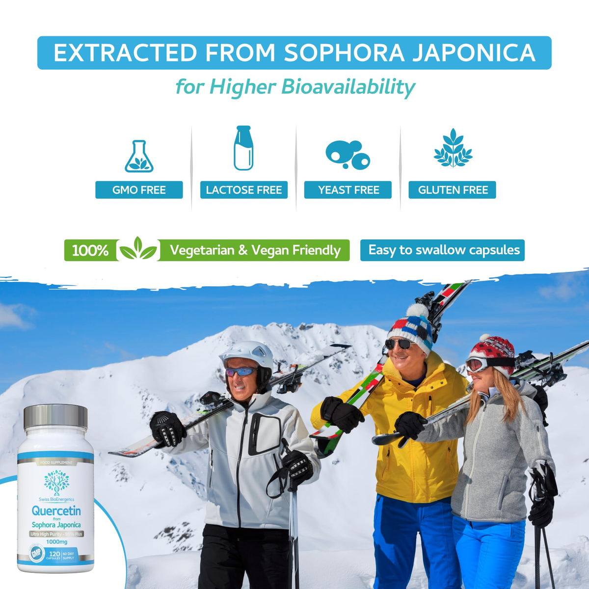 swiss bioenergetics Quercetin 1000mg 60-day supply - No Artificial fillers, binders or flow agents - High Strength Pure Quercetin capsules from Sophora Japonica - Suitable for Vegetarians and Vegans – Exclusively UK Made