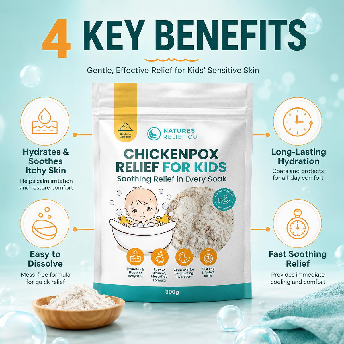Natures Relief Co Chickenpox Relief Treatment | Colloidal Oatmeal & Calamine | Oatmeal Bath Soak for Chicken Pox Relief Kids - Colloidal Oats Bath for Itchy Skin| Made in UK | 300g