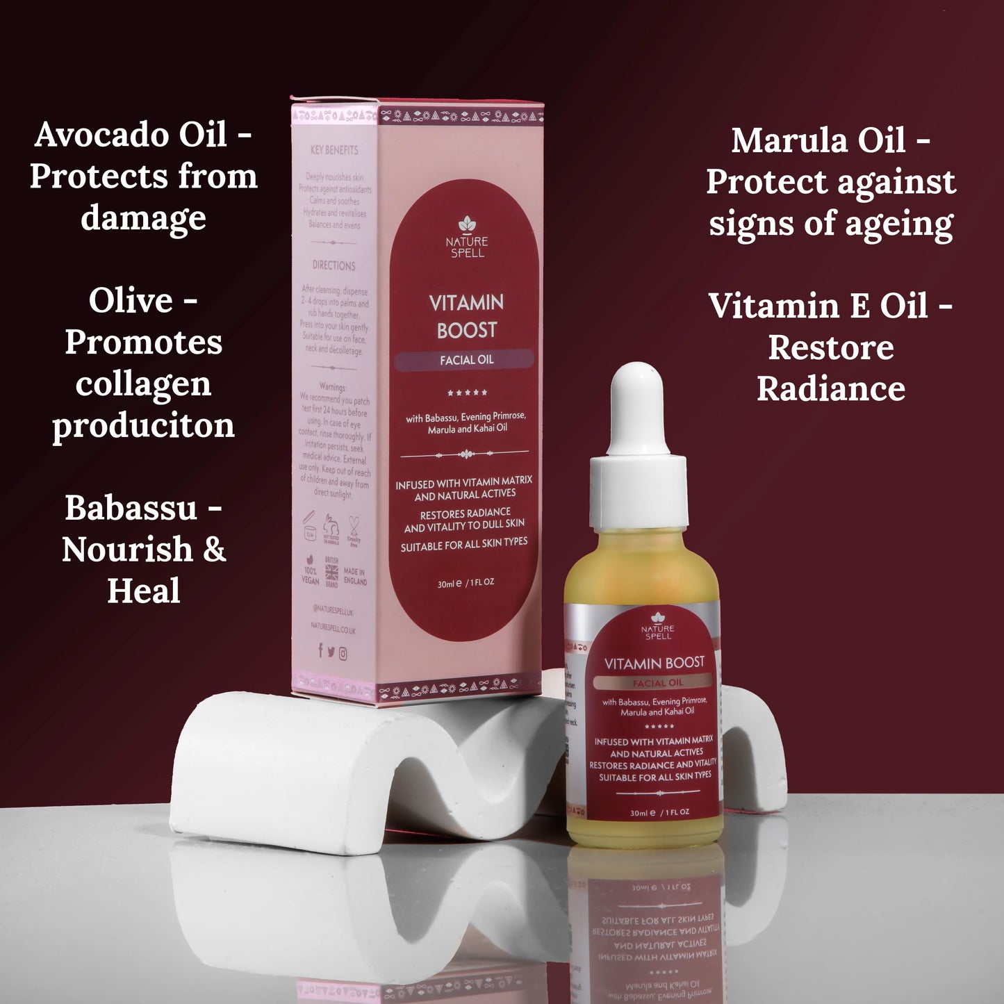 Nature Spell Vitamin Boost Face Oil 30ml – Infused with Marula Oil and Evening Primrose – Restores Radiance & Vitality to Dull Skin – Skincare Facial Oil - Suitable for All Skin Types