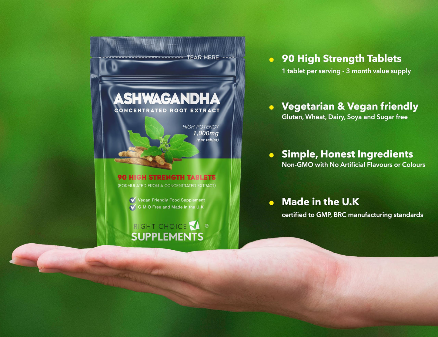 Ashwagandha 1000mg - Pure High Strength Root Extract Supplement for Mood Stress & Stamina (not Capsules) - KSM-66 Ayurveda Also Known As Withania Somnifera - 90 Vegan Tablets Made in The U.K