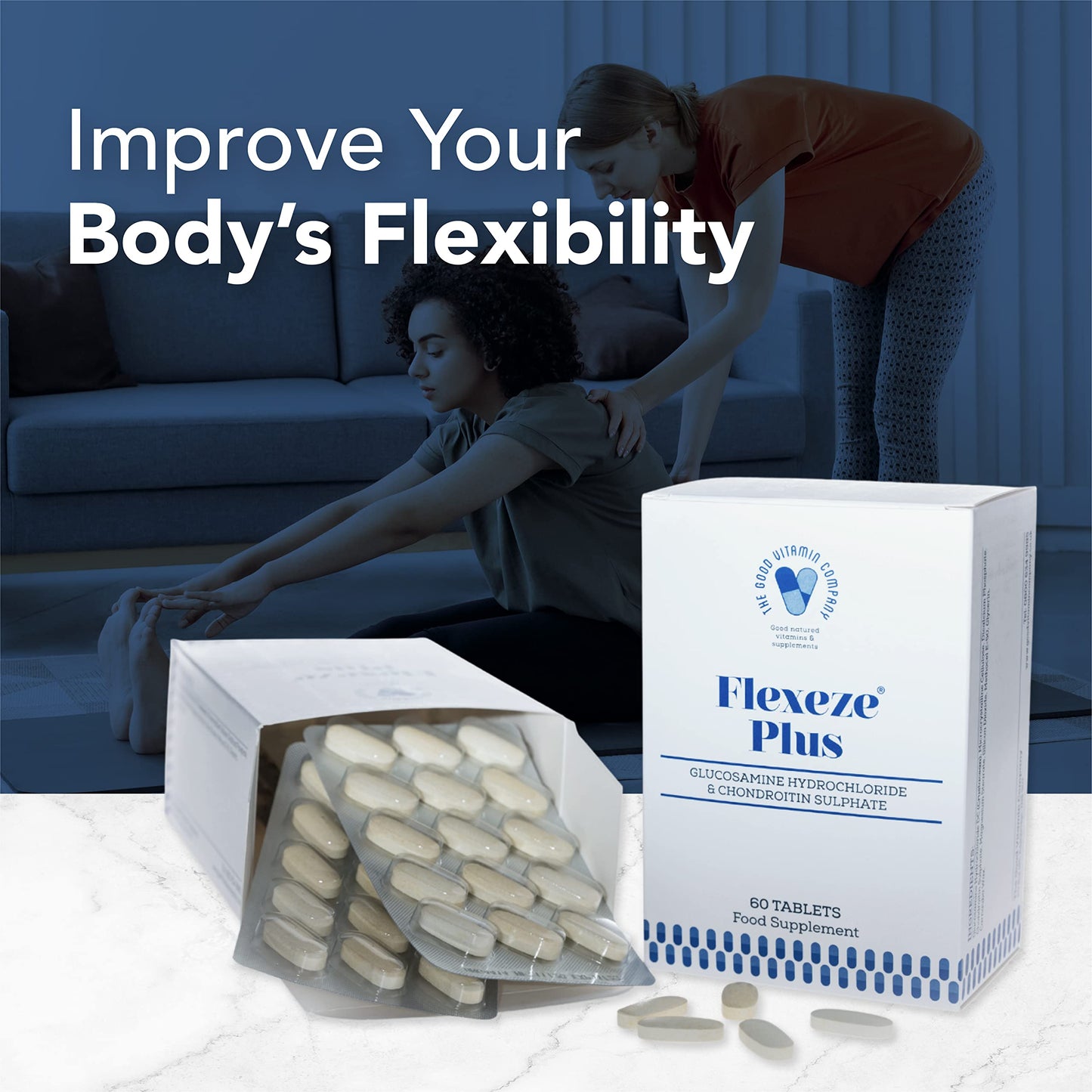 Flexeze Plus: 60 Tablets (1 Month Supply) - Advanced Nutritional Bone and Joint Care Supplement, Contains Glucosamine HCL (1324mg) and Chondroitin Sulphate (360mg), Made in UK by Good Vitamin Company
