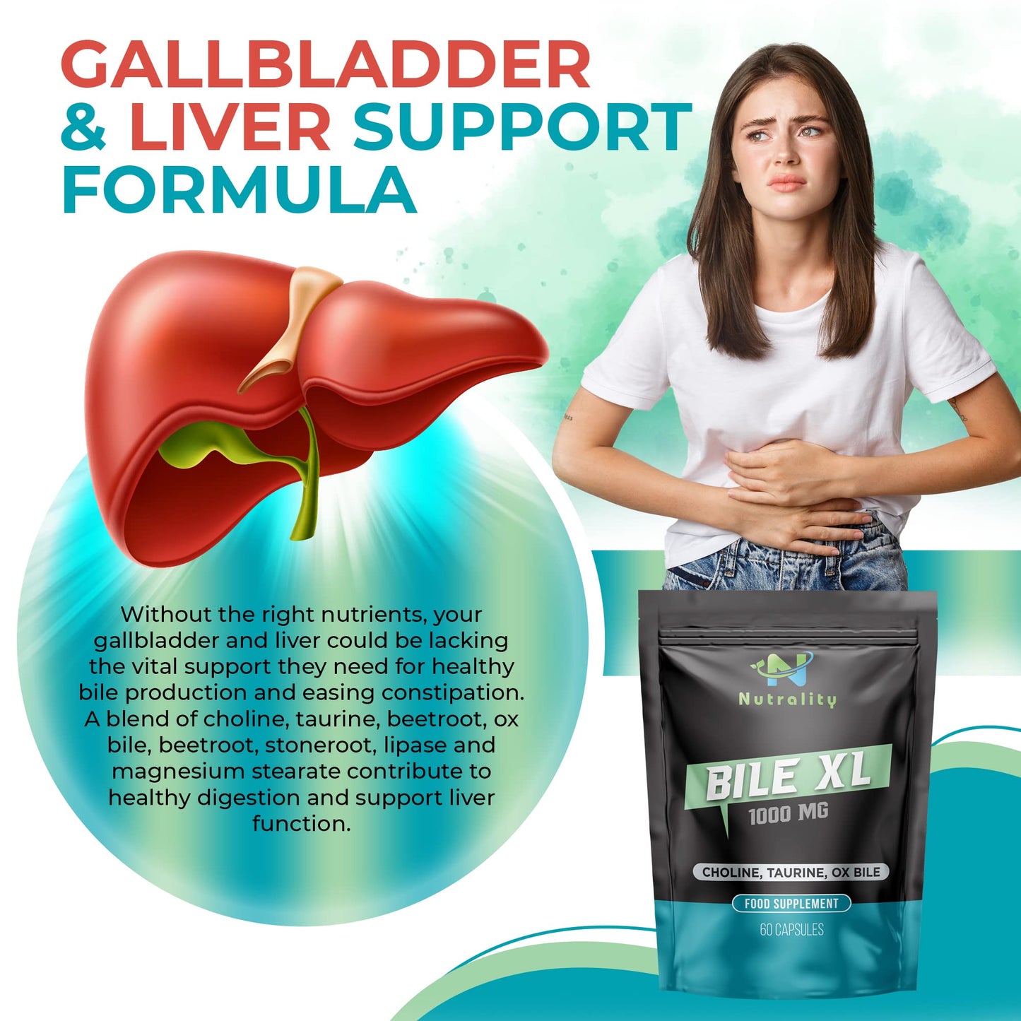 Nutrality Bile XL - 60 Capsules - Bile Supplement for Liver Detox - Gallbladder Supplements for Adults - 30-Day Supply - Natural Premium Quality