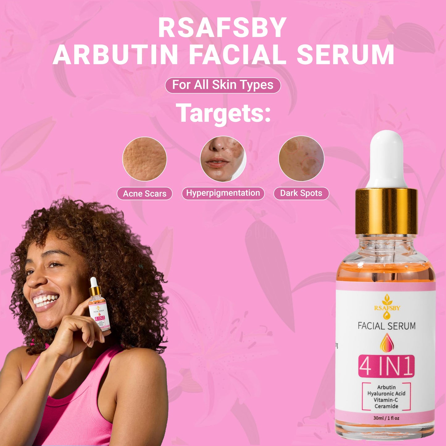 RSAFSBY 4-in-1 Facial Serum with Arbutin, Hyaluronic Acid, Vitamin C & Ceramide – Brightening, Anti-Aging & Hydrating Serum for Dark Spots, Hyperpigmentation & Acne Scars – 30ml