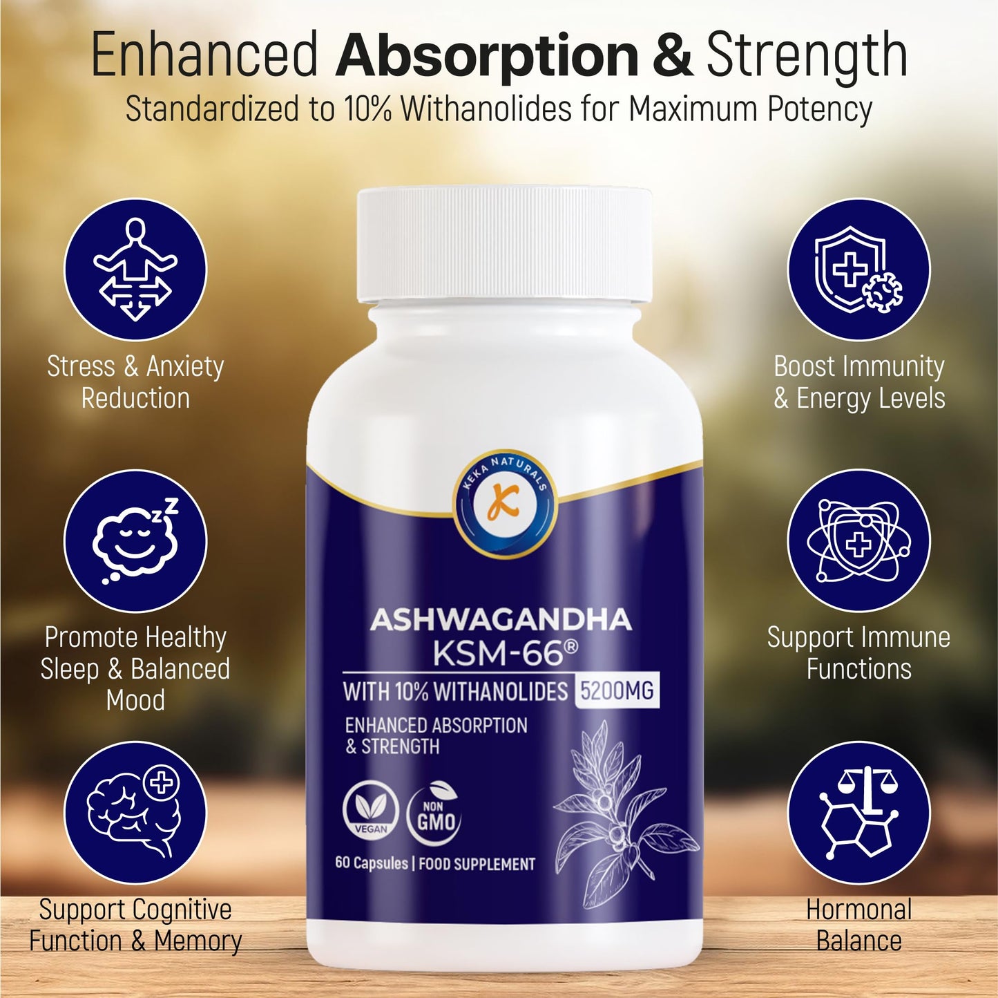 Keka Naturals Ashwagandha KSM-66-5200mg - 10% Withanolides - Enhanced Absorption and High Strength - All Natural, Non-GMO - 60 Vegan Capsules