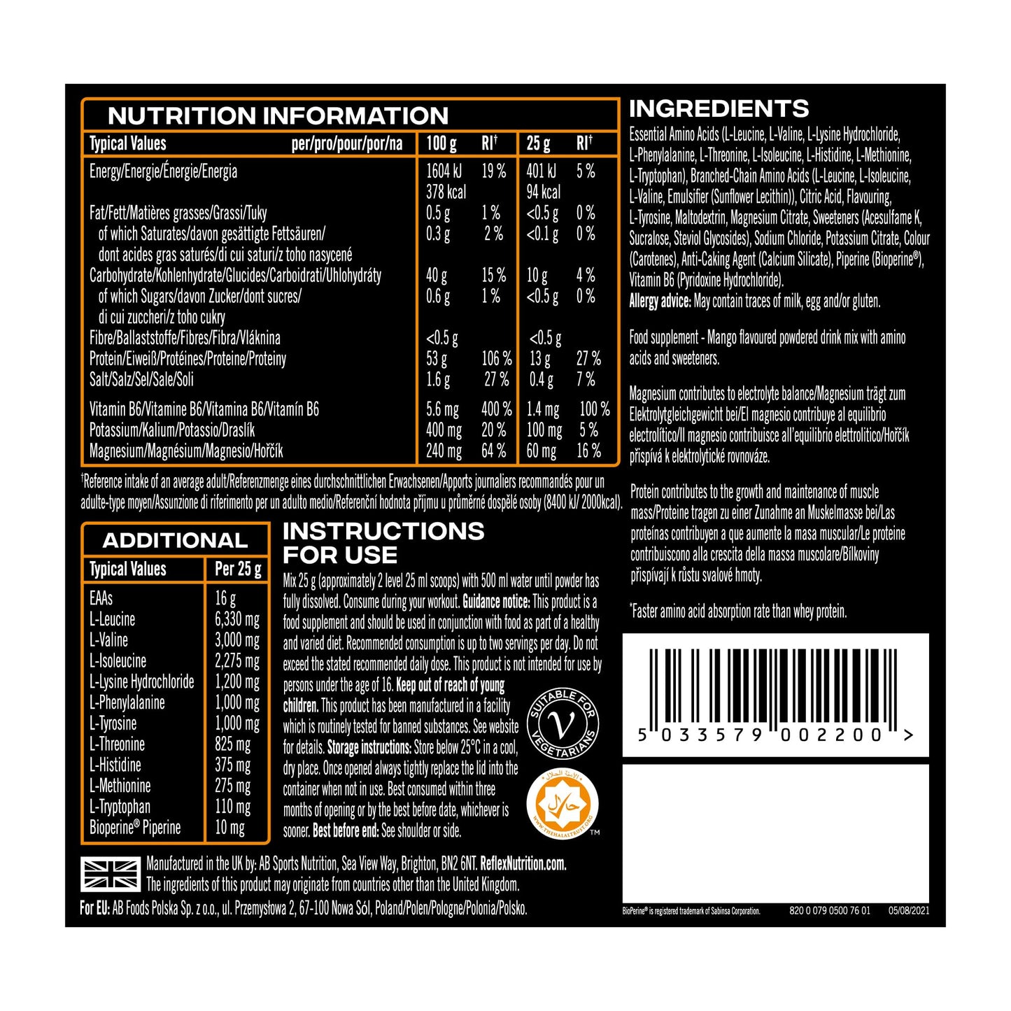 Reflex Nutrition EAA - Complete Essential Amino Acids - 16g EAAs with BCAAs, Vitamin B6, Electrolytes - Full Spectrum Amino Acids Powder for Muscle Growth & Recovery (Mango, 500g, 20 servings)
