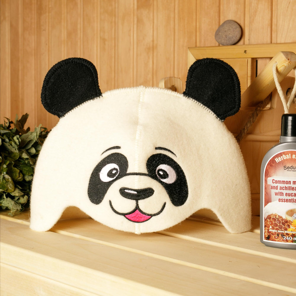 SAUNA GURU Panda Hat, 100% Organic Wool Felt Sauna Cap, Banya Hat Sauna Hair Protector, Sauna Accessories Embroidered Hat, Russian Sauna Hat, Sauna Gifts for Men and Women, Sauna Room Accessory