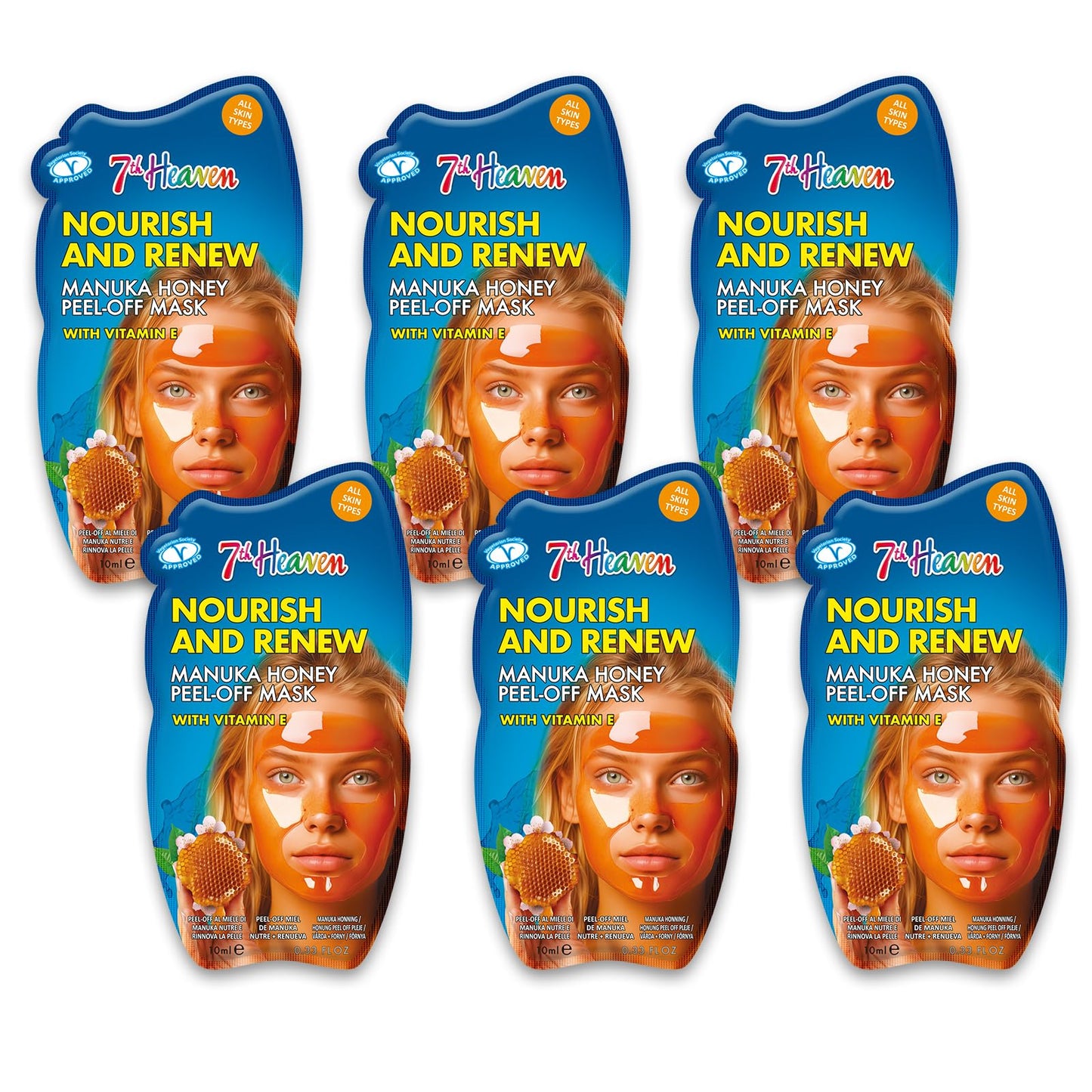 7th Heaven Manuka Honey Peel Off Face Mask with Vitamin E, Pack of 6 - Nourish and Renew - All Skin Types