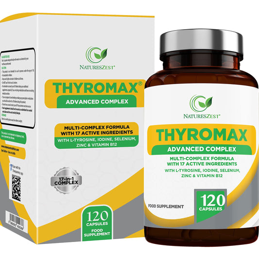 Natures Zest ThyroMax - Thyroid Support Supplement - 120 Vegan Capsules - 17 Active Ingredients Including Iodine, L-Tyrosine, Ashwagandha, B12 and Zinc - UK Made, 2 Month's Supply
