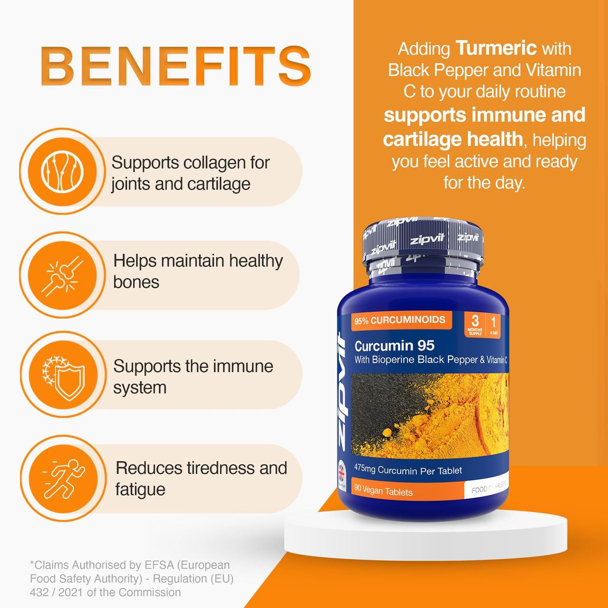 Zipvit Curcumin Tablets, 95% Active Curcuminoids with Black Pepper & Vitamin C, 90 Vegan Tablets, 3 Months Supply, Turmeric Supplement
