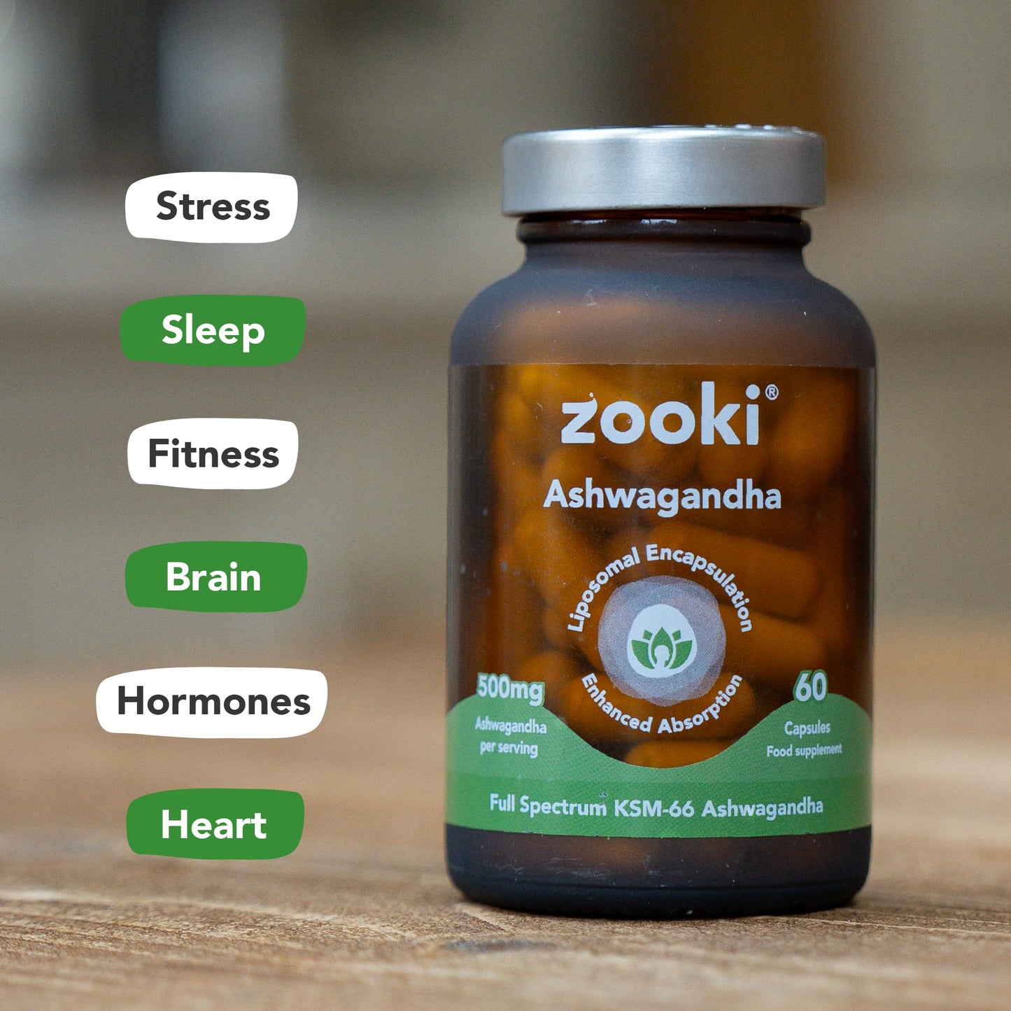 Zooki High Strength Liposomal Ashwagandha Capsules 500mg - Support Stress, Sleep, Brain Health (60 Capsules, 1 Month Supply)