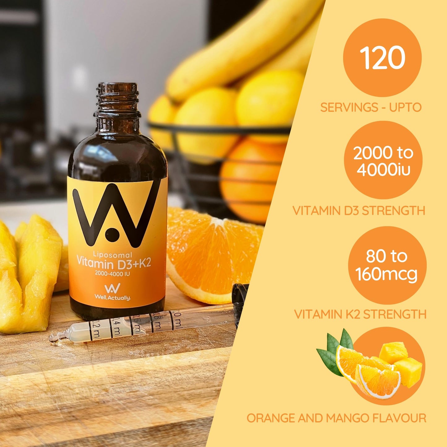 WELL ACTUALLY Liposomal Vitamin D3 + K2 Liquid Pipette - High Absorption Vegan Vitamin D3 4000 IU & Vitamin K2-7 160mcg as Menaquinone-7 MK-7 - Orange & Mango (up to 120 Servings)