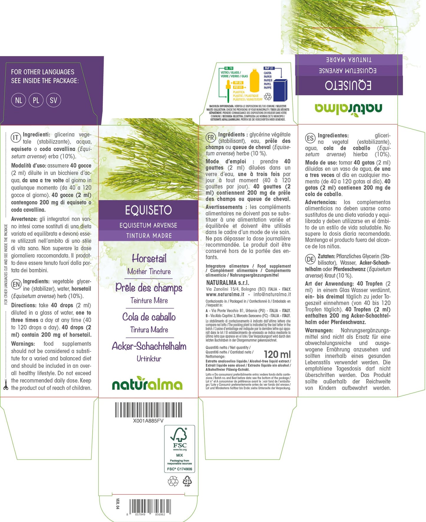 Horsetail (Equisetum arvense) herb Alcohol-Free Mother Tincture Naturalma | Liquid Extract Drops 120 ml | Food Supplement | Vegan