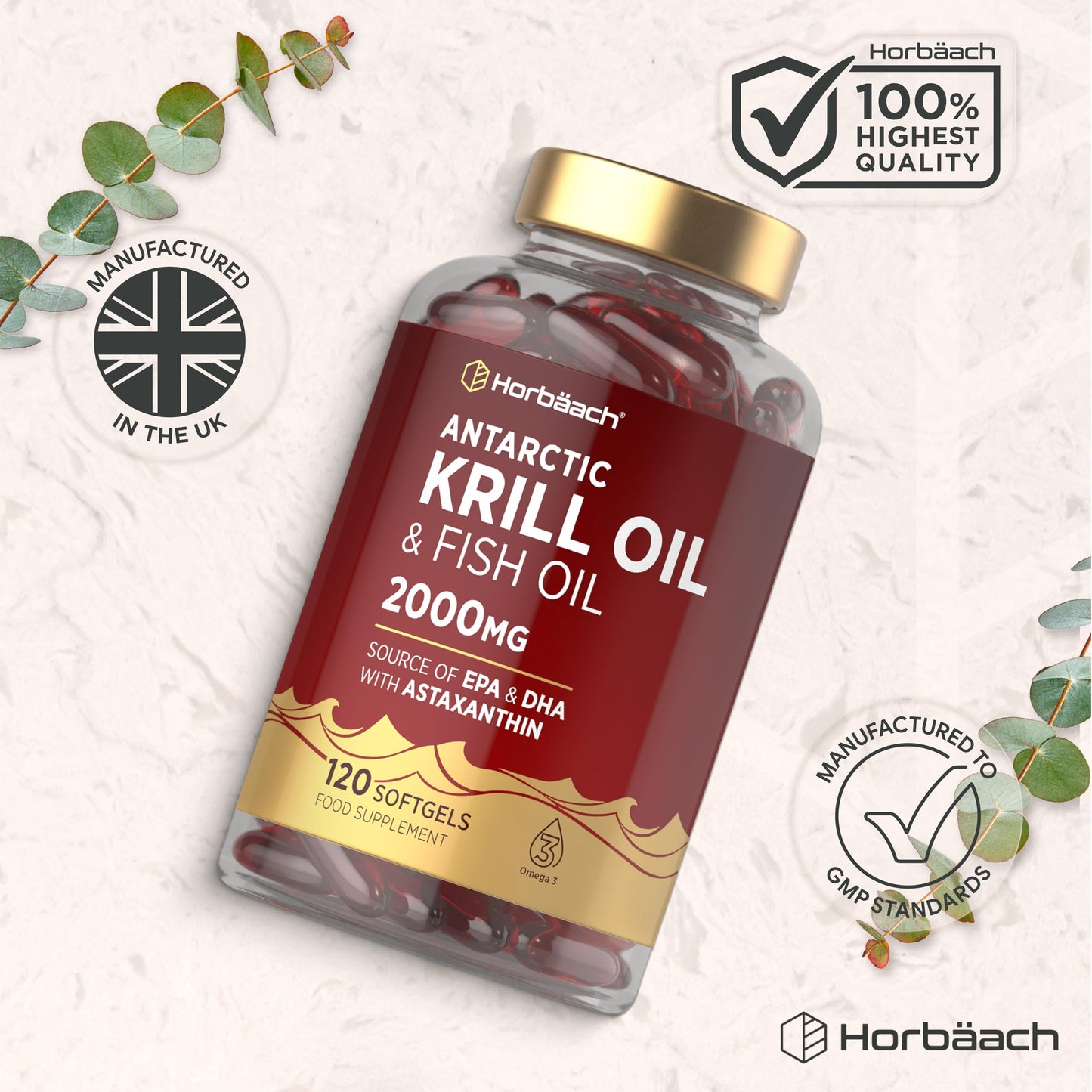 Horbäach Antarctic Krill Oil Capsules 2000mg | 120 Softgels | High Strength Blend with Fish Oil, Astaxanthin, Phospholipids, EPA and DHA | By Horbaach