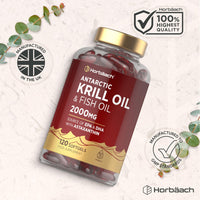 Horbäach Antarctic Krill Oil Capsules 2000mg | 120 Softgels | High Strength Blend with Fish Oil, Astaxanthin, Phospholipids, EPA and DHA | By Horbaach
