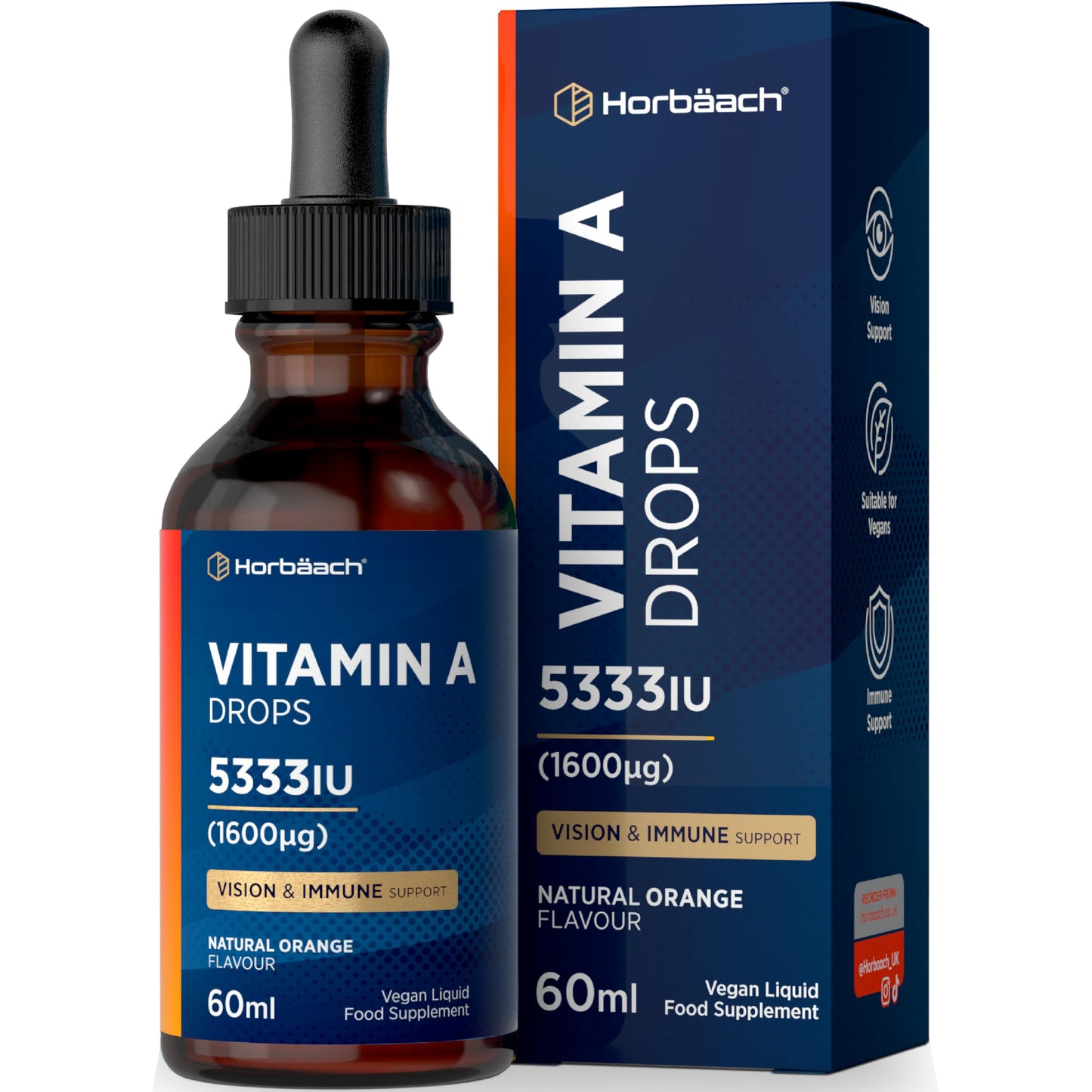 Horbäach Vitamin A Drops 5333IU | 60 mL | High Strength Vitamin A as Retinol Palmitate | Vegan Liquid Oral Supplement for Adults | Orange Flavour | By Horbaach
