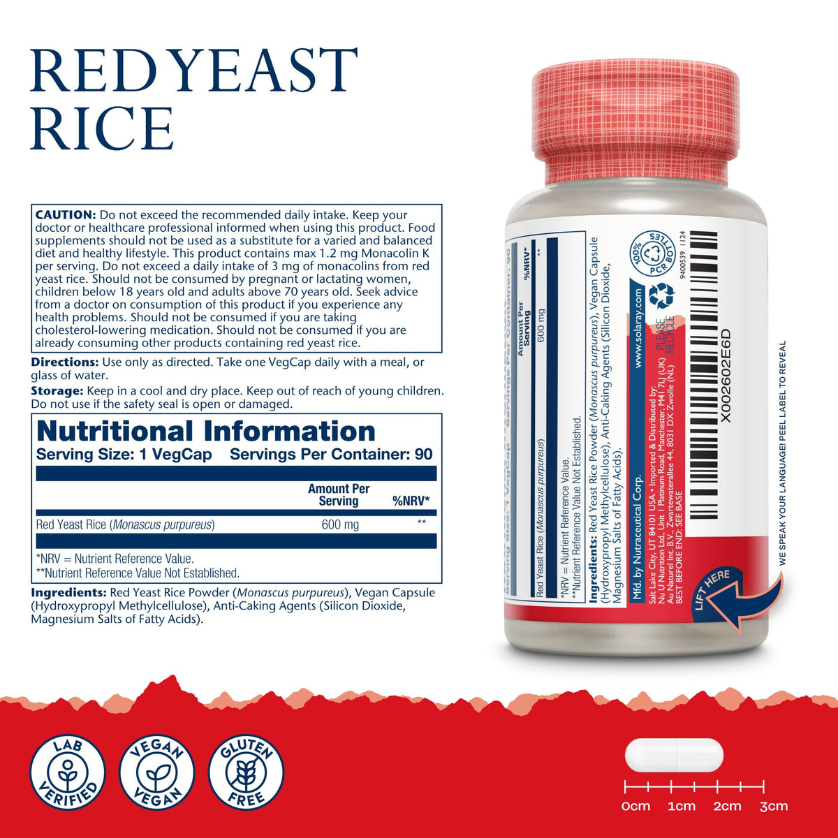 SOLARAY Solaray - Red Yeast Rice Extract - 90 Vegan Capsules - High Strength Herbal Supplement from Monascus Purpureus with Monacolin K - Lab Verified, GMO & Gluten Free