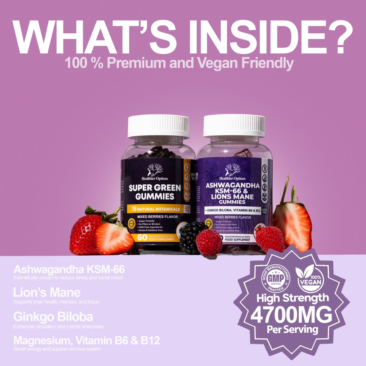 Healthier Options Ashwagandha KSM-66 and Lions Mane Gummies - High Strength 4700mg | All-in-One Gummies with Ginkgo Biloba, B6, B12 & Magnesium | Body, Mind & Cognitive Performance | Mixed Berries