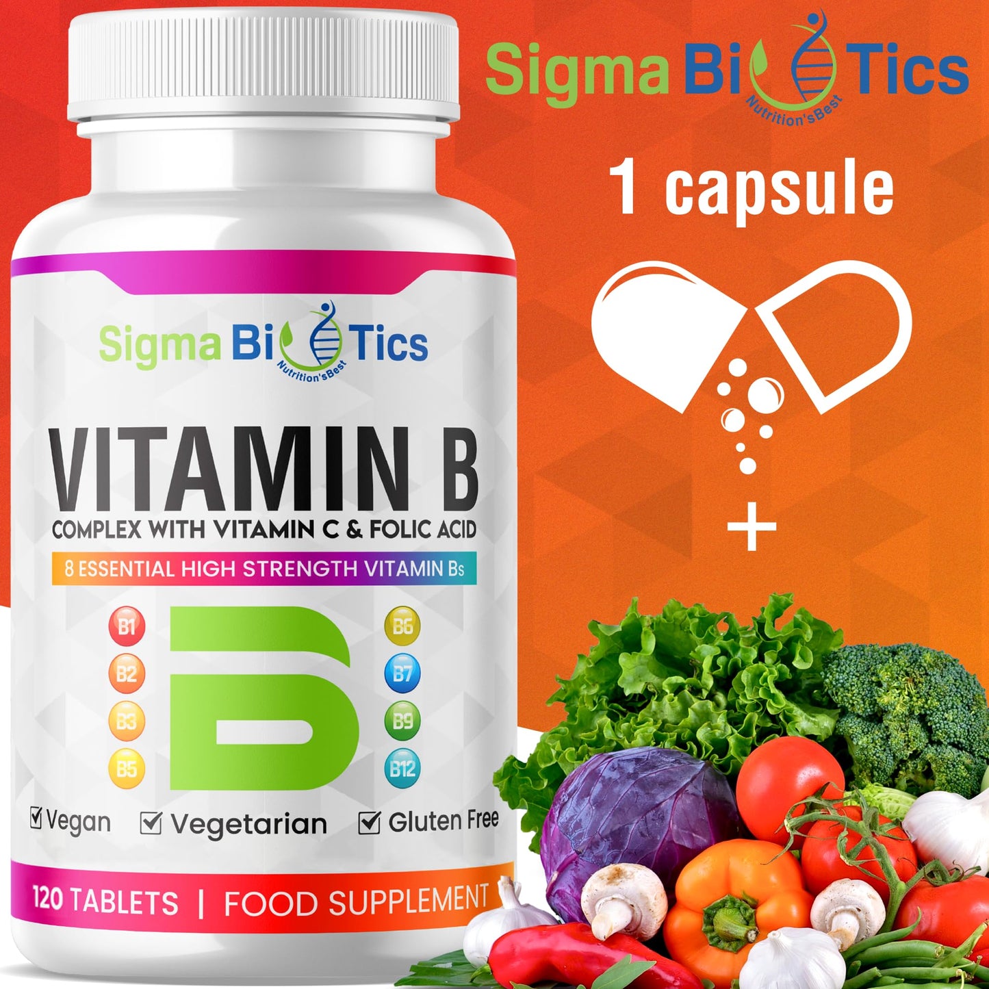 SigmaBiotics Vitamin B Complex Tablets - Blend of 8 B Vitamins & Vitamin C - Folic Acid, B1, B2, B3, B5, B6 and Vitamin B12 Supplement - Vegan & Gluten Free - 120 Tablets