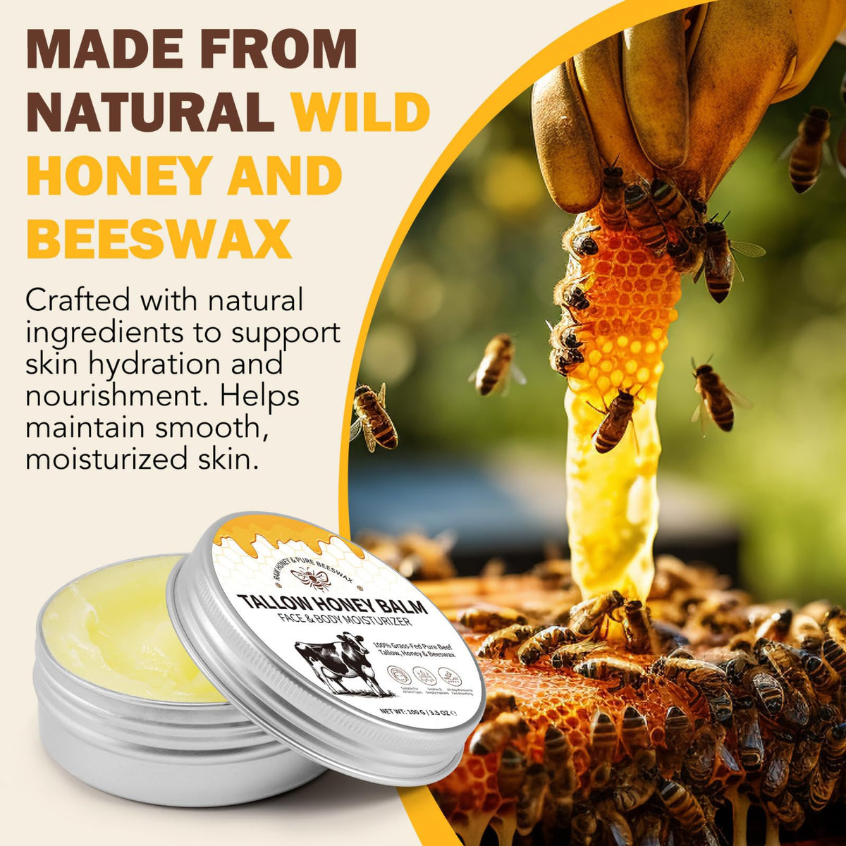 CTUBLIAUNX Tallow Honey Balm - Natural Face Cream with Beef Tallow & Honey for Hydration, Anti-Aging & Dry Skin Repair - Daytime Moisturizer for Women & Men