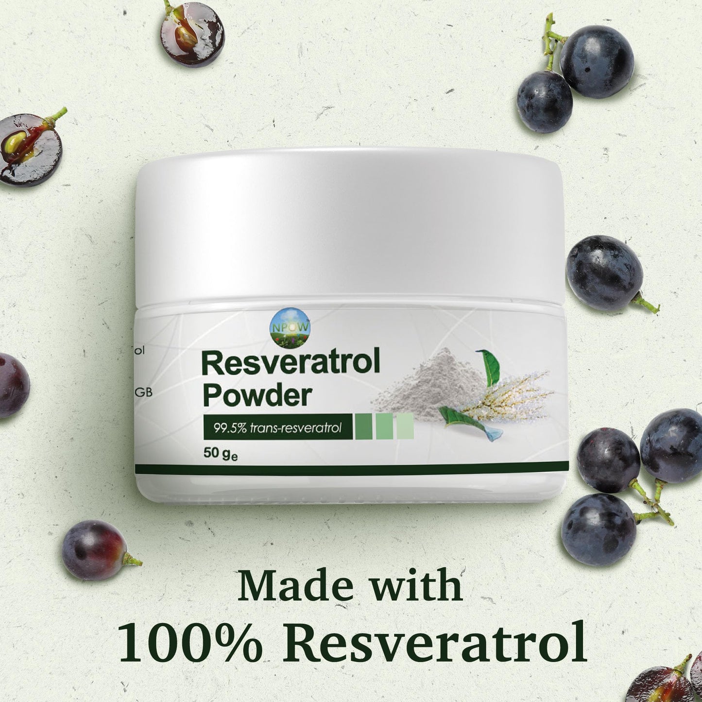 NPOW Pure Resveratrol Powders - Trans Resveratrol Antioxidant Supplements, Powder Scoop, Measuring Spoon, Antioxidant Wellness, Natural Supplements - 50g