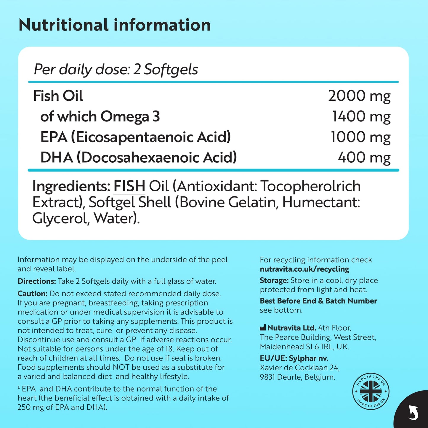 Nutravita Highest Strength Omega 3 Fish Oil 2000mg - Providing 1000mg EPA & 400mg DHA per Serving - Sustainably Sourced & Contaminant Free - Made in The UK